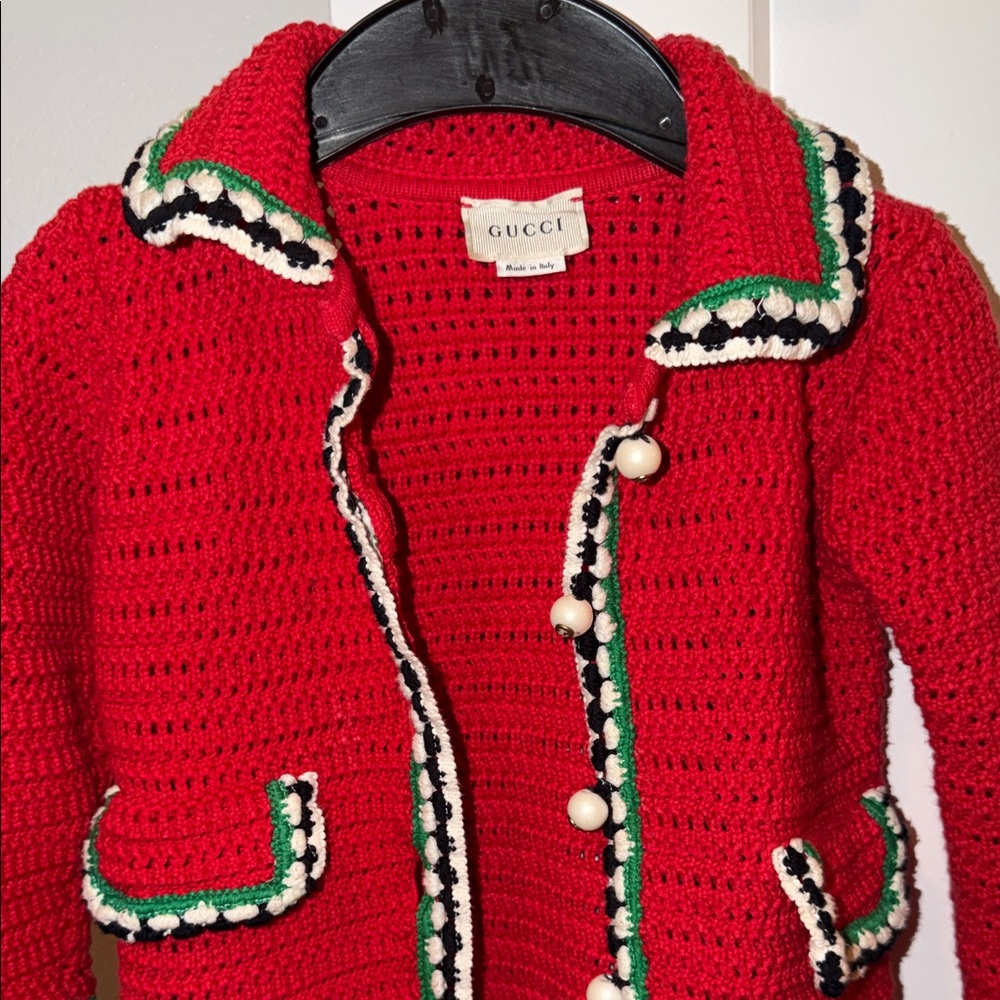 Gucci Vibrant Red Crochet Jacket with Pearl Accents